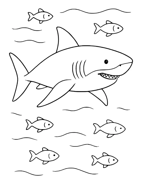 Great white shark swimming sideways with six small fish around it and wavy water lines.