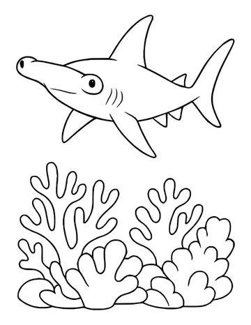 Hammerhead shark swimming left over a thick coral reef with branching and rounded coral shapes.