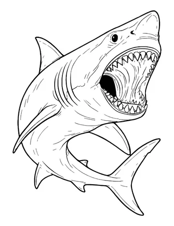 Realistic great white shark curving upward with jaws wide open, rows of teeth and fine shading lines on its body.