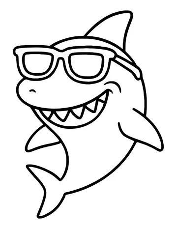 Cartoon shark wearing sunglasses with open lenses to color, smiling wide with triangle teeth.