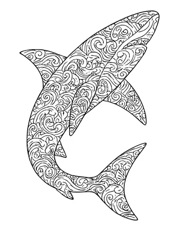 Shark silhouette curving into a C shape, filled entirely with swirling ocean wave patterns.