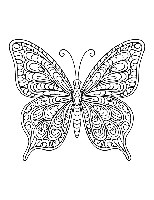 Butterfly with curled antennae and wings full of looping teardrop and paisley swirls inside a bold outline.