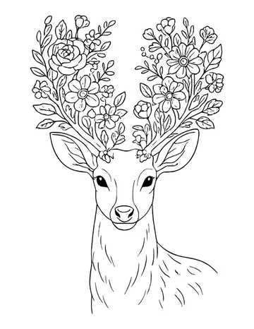 Deer facing forward with antlers made of full bouquets of roses, daisies, leaves and berries spreading wide.