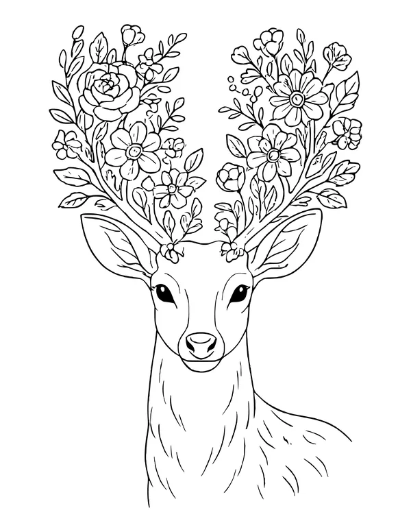 Deer facing forward with antlers made of full bouquets of roses, daisies, leaves and berries spreading wide.