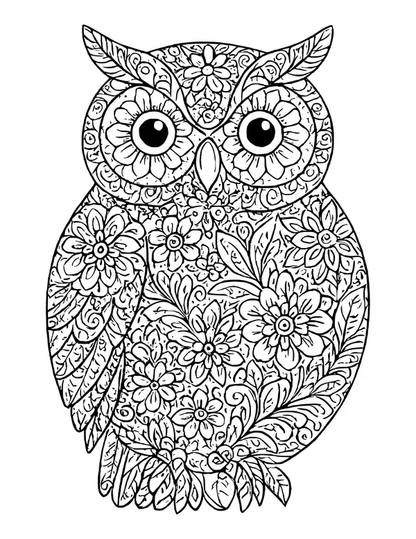 Owl with stern brows and flower-ringed eyes, its body covered in large blossoms, swirls and leaves above a leafy perch.