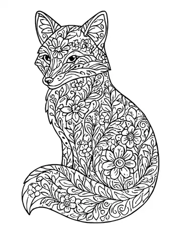 Sitting fox filled with detailed flowers, leaves and swirls