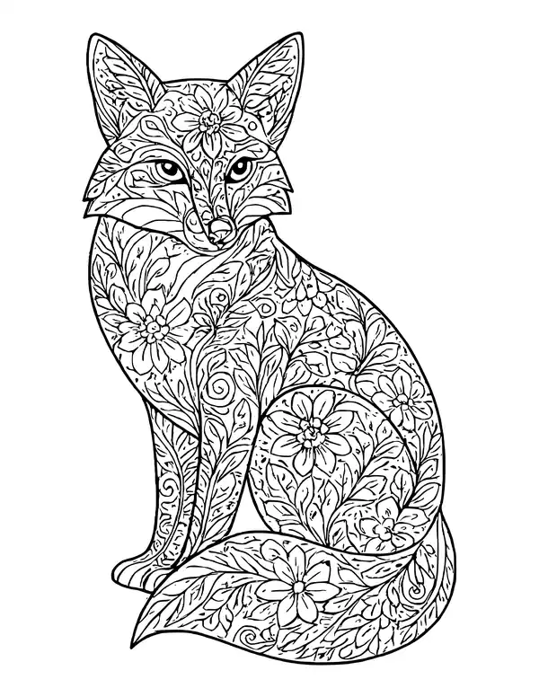 Fox drawn entirely from small leaves, flowers and decorative patterns