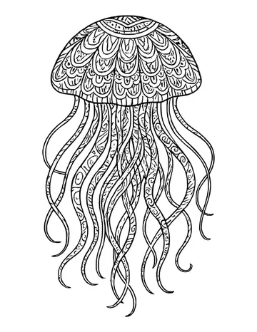 Tall jellyfish bell covered in fish-scale patterns above many crossing, patterned tentacles.
