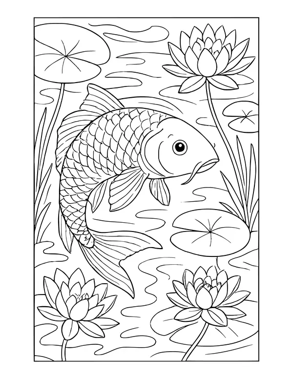Side view of a large koi with whiskers among lily pads, lotus flowers and reeds, framed by a rectangular border.