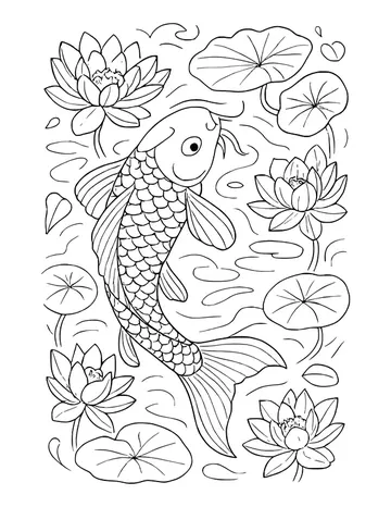 Koi fish curving downward through a pond with lotus blossoms, lily pads and rippling water lines.