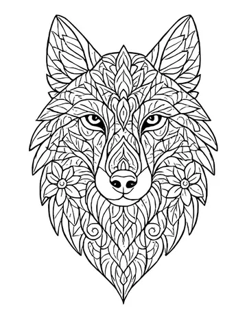 Front-facing wolf head made of leaf and petal shapes, with a flower on each cheek and swirls under the chin.