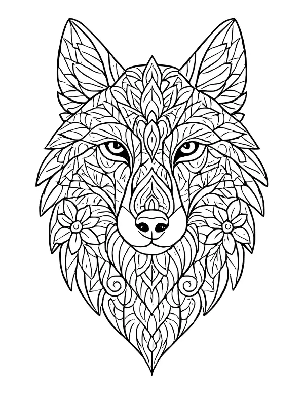 Front-facing wolf head made of leaf and petal shapes, with a flower on each cheek and swirls under the chin.