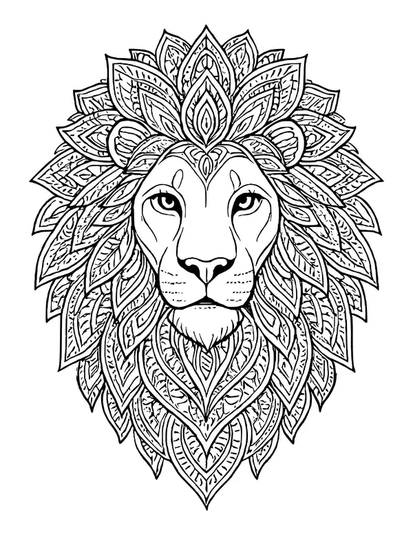 Front-facing lion with a plain face framed by a mane of layered, patterned petal shapes like a lotus.