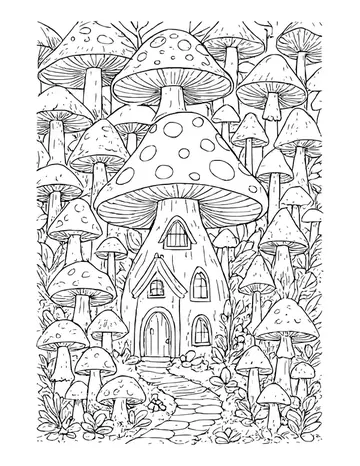 Mushroom cottage with arched windows and a door, a stone path leading up, and a dense forest of mushrooms around it.
