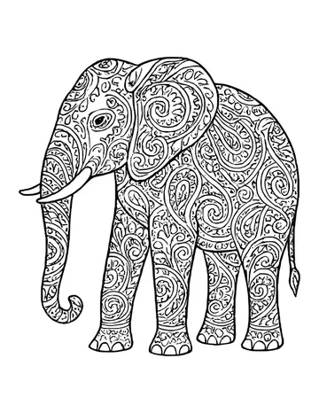 Elephant facing left with long tusks and a curled trunk, patterned all over in paisley shapes, including its face.