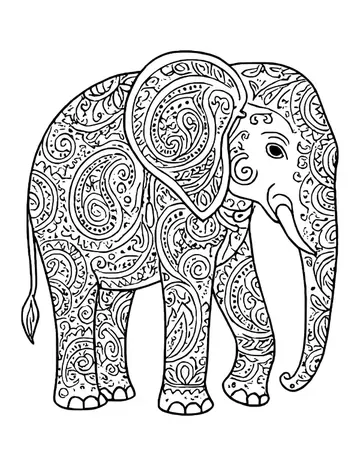 Elephant facing right with a large ear, small tusk and trunk hanging down, its body covered in paisley swirls and dots.