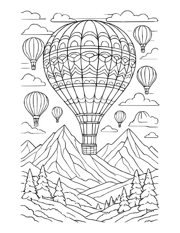 Large balloon with geometric bands drifting over mountains and pine trees, with smaller balloons and clouds nearby.