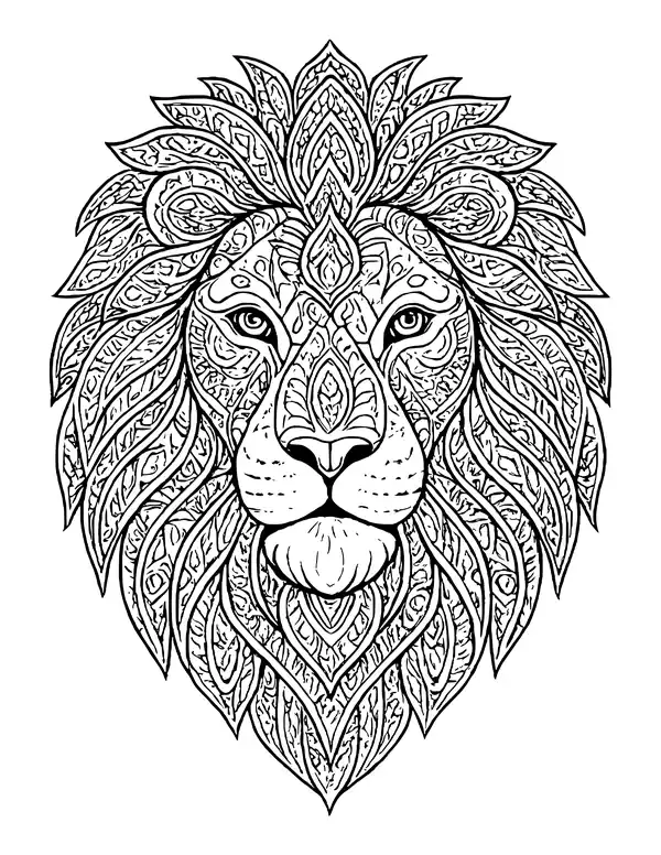 Lion head with patterns across the face and a long flowing mane of decorated, feather-like strands.