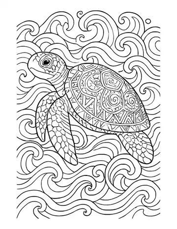 Sea turtle facing left with a geometric patterned shell, surrounded by tightly curling waves and small bubbles.