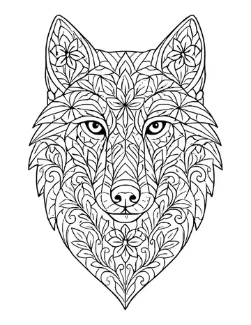 Wolf head with a long muzzle, flowers inside both ears and on the chest, and fur drawn as leaves and swirls.