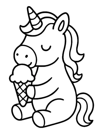Chubby unicorn shown side-on, eyes closed, holding a large waffle cone with one scoop close to its face.