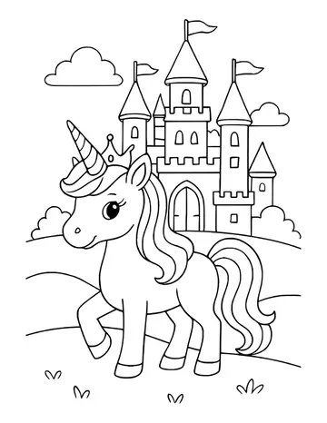 Unicorn wearing a small crown walks over grassy hills in front of a castle with flags and clouds.