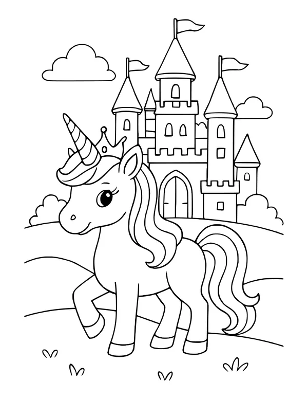Unicorn wearing a small crown walks over grassy hills in front of a castle with flags and clouds.