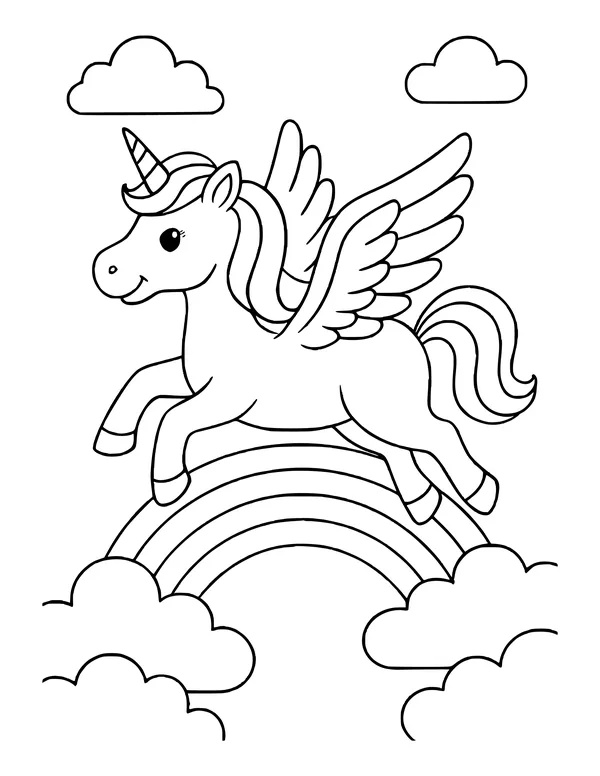 Unicorn with feathered wings flying over a rainbow and puffy clouds