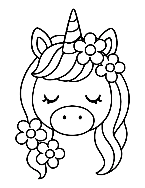 Kawaii unicorn face with a striped horn and a flower crown
