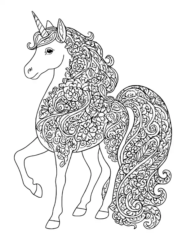 Prancing unicorn with a mane and tail made of decorative paisley patterns