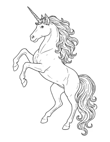 Realistic unicorn standing on its back legs with front hooves raised, a spiral horn and a curly mane and tail.