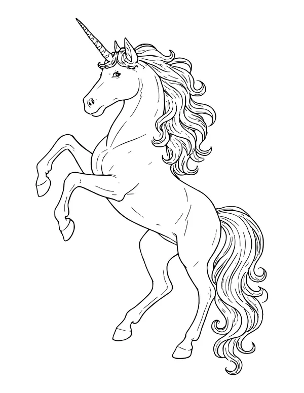 Realistic unicorn standing on its back legs with front hooves raised, a spiral horn and a curly mane and tail.