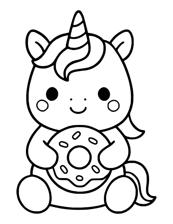 Round kawaii unicorn with rosy cheeks and a small smile, sitting and holding a sprinkled donut.