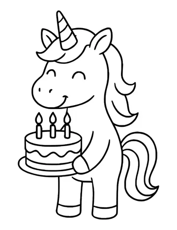 Happy unicorn with closed, smiling eyes carrying a frosted birthday cake topped with three candles.