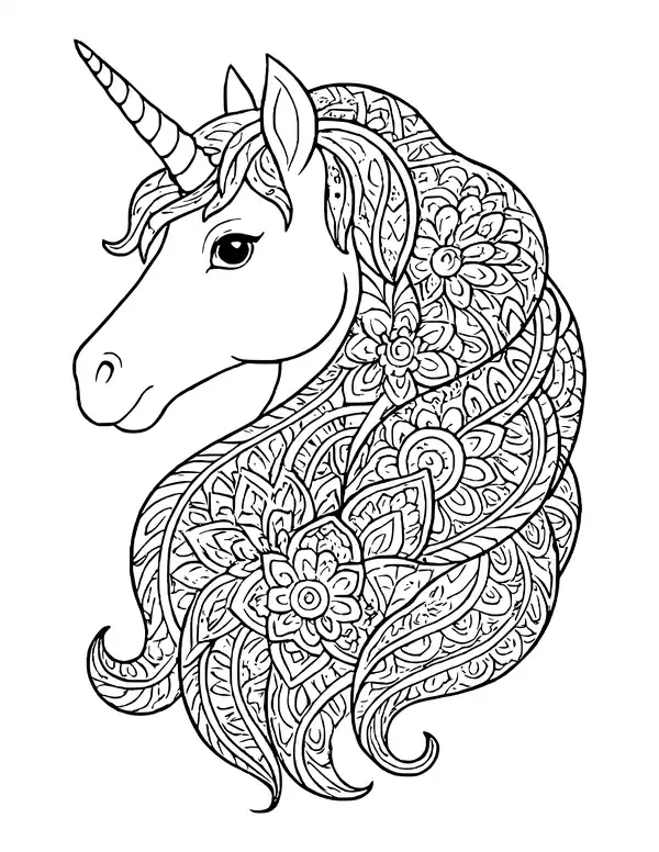 Unicorn head in profile with a striped horn and a long curling mane filled with flowers and mandala patterns.