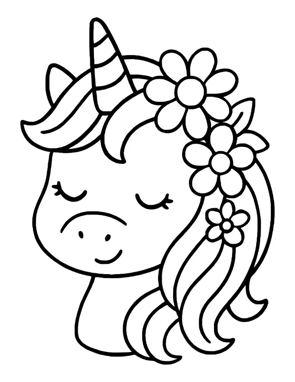 Kawaii unicorn head with closed eyes and flowers in its mane