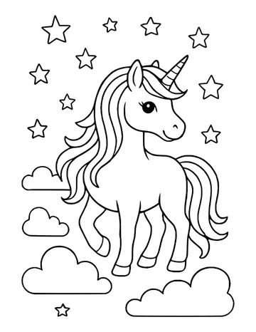 Unicorn with a flowing mane walking across clouds under many stars