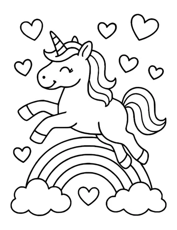 Smiling unicorn jumping over a rainbow with clouds at each end, surrounded by lots of hearts.