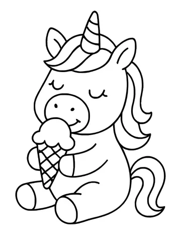 Cute sitting unicorn with closed eyes happily licking a scoop of ice cream in a waffle cone.