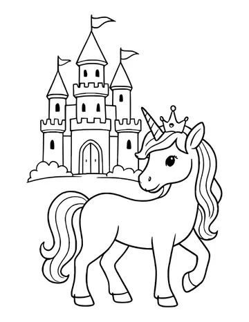 Unicorn with a tiara and long mane looking back over its shoulder, with a castle and flags behind it.