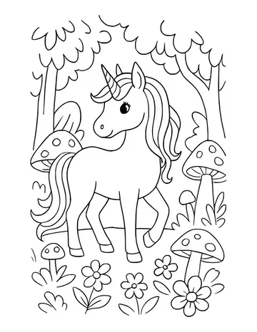 Unicorn mid-step with a flowing mane among trees, spotted mushrooms and flowers in a magical forest.