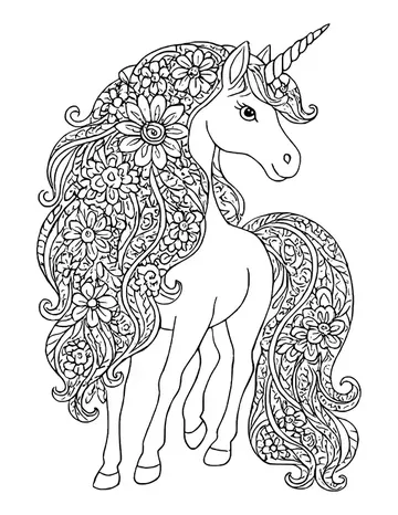 Unicorn whose long mane and tail are filled with flowers and swirling patterns
