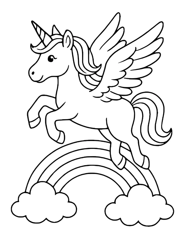 Winged unicorn leaping over a rainbow above clouds