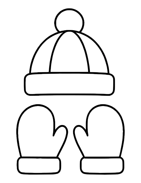 A pom-pom winter hat with panel seams and a wide cuff above a pair of cuffed mittens.
