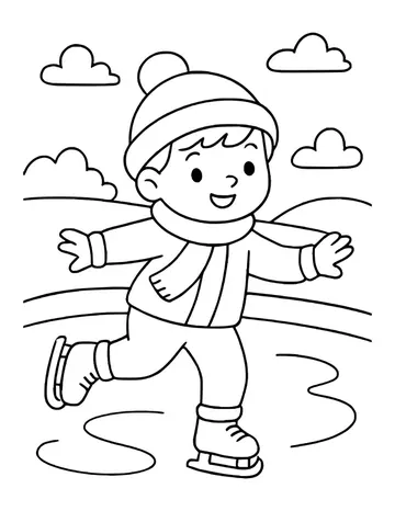 Smiling boy in a bobble hat, scarf and jacket skating on an icy pond with his arms out, clouds above.