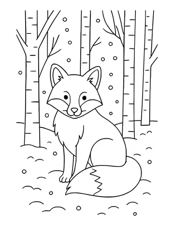 Round-faced fox with a fluffy chest sitting in the snow, birch trees and falling snowflakes behind it.