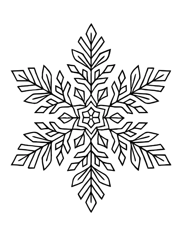 Six-sided snowflake made of geometric diamond and leaf shapes