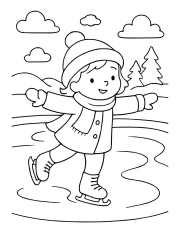 Girl in a buttoned coat, hat and scarf skating on a icy pond, with hills and pine trees behind.