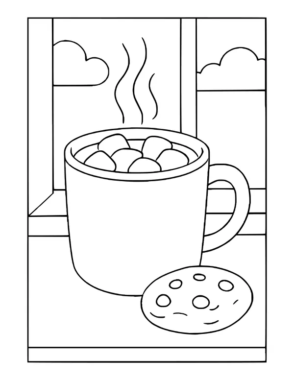 Mug of hot cocoa topped with marshmallows and steam, a chocolate chip cookie beside it, and a window with clouds.