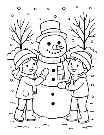 Two children in winter coats and hats building a snowman with a top hat, bare trees and falling snow